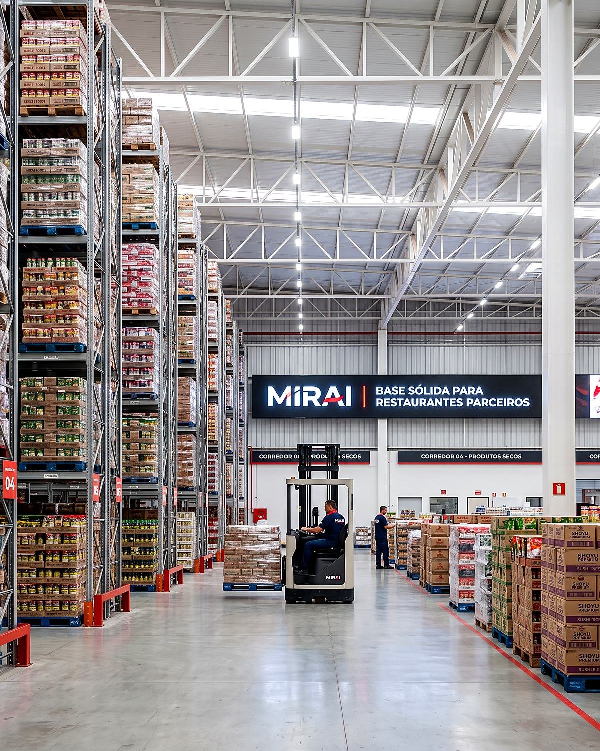 Galpão da Mirai Distribuidora, organizado para armazenagem de produtos orientais